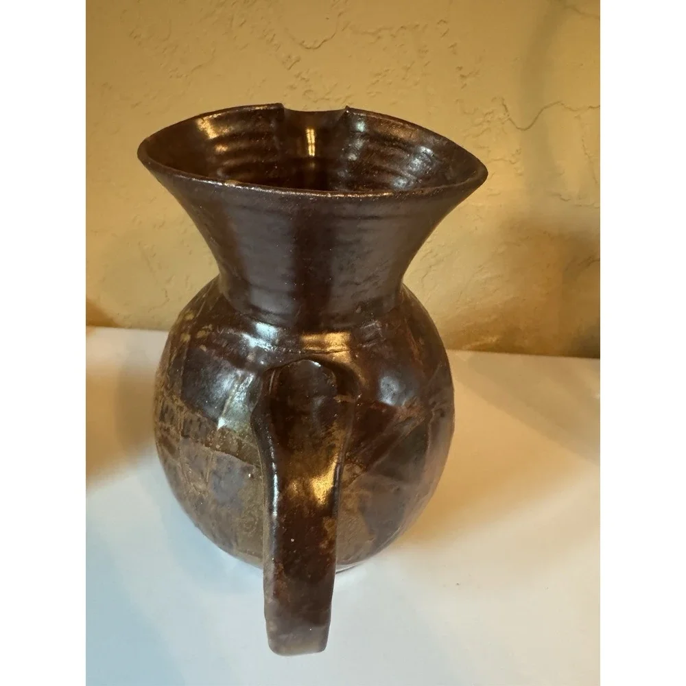 Vintage Studio Pottery Pitcher Hand Thrown Faceted Brown Glaze Art Jug Rustic